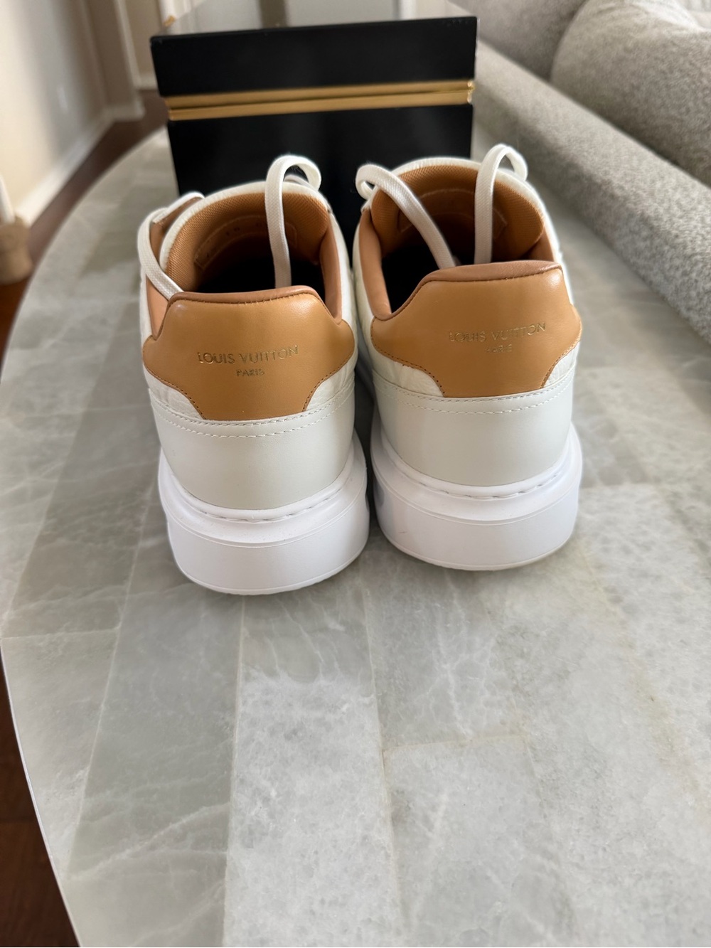 Louis Vuitton Men’s White and Tan Low-Top Sneaker with Monogram Emboss - Picture 2 of 5